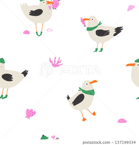 Seamless Seagull Pattern – Cute Cartoon Coastal Bird Vector Background Seamless Seagull Pattern – Cute Cartoon Coastal Bird Vector Background 137199334