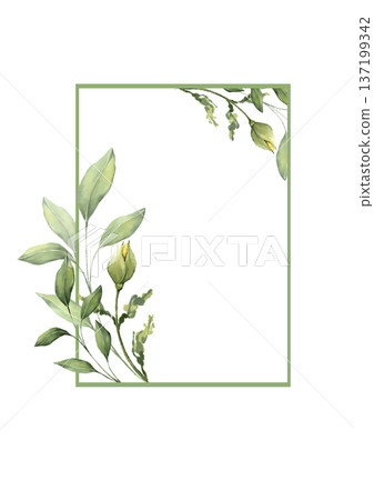 Elegant rectangular frame decorated with green leaves in watercolor style Elegant rectangular frame decorated with green leaves in watercolor style 137199342