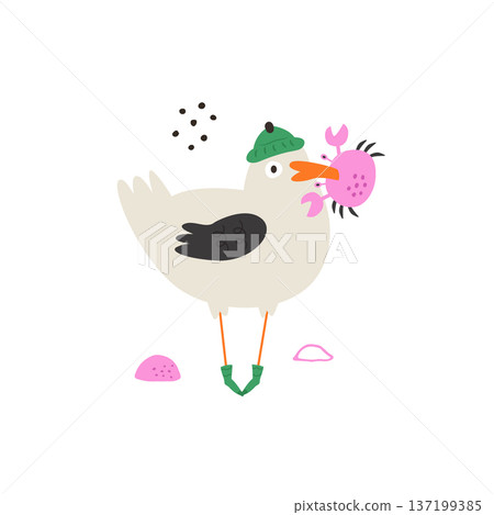 Funny Seagull Character with Crab – Cute Cartoon Bird Illustration 137199385