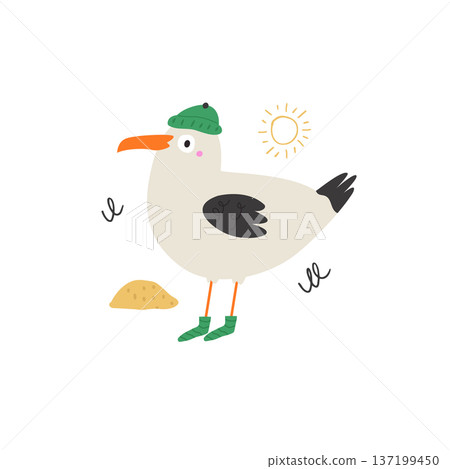 Funny seagull character in green hat and socks - cute cartoon bird illustration Funny seagull character in green hat and socks - cute cartoon bird illustration 137199450