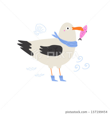 Funny Seagull Character with Fish – Cute Cartoon Bird Illustration Funny Seagull Character with Fish – Cute Cartoon Bird Illustration 137199454