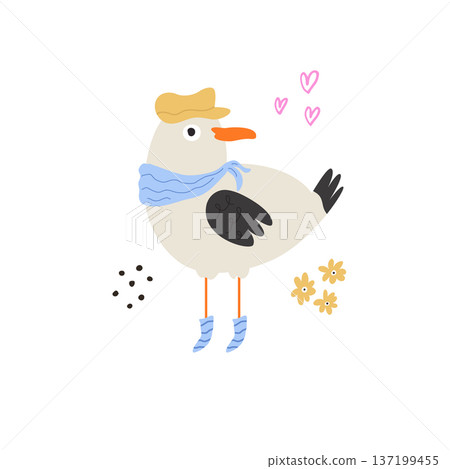 Cute Cartoon Seagull with Yellow Hat and Blue Scarf – Nautical Vector Illustration Cute Cartoon Seagull with Yellow Hat and Blue Scarf – Nautical Vector Illustration 137199455