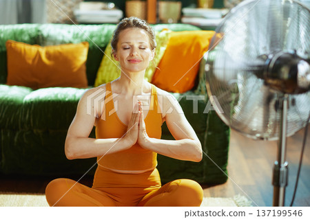 Serene Home Yoga Practice with Cooling Fan Serene Home Yoga Practice with Cooling Fan 137199546