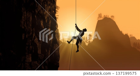 Man rock climbing silhouette blurred background, AI Generated 137199575