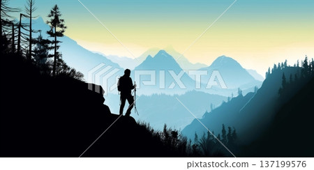 Man hiking adventure silhouette blurred background, AI Generated 137199576