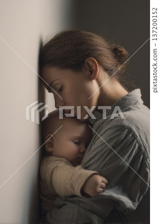 exhausted mother leaning against wall while cradling baby, muted tones, natural soft lighting, realistic parenting struggle theme, vertical composition 137200152