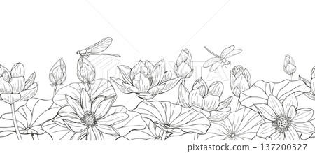 Blooming lotus flowers, aquatic leaves, and dragonflies in flight etching monochrome seamless banner. Blooming waterlily and flying insects vector isolated illustration for fabric, wallpaper border 137200327