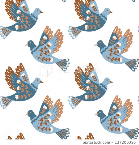 Seamless folk bird vector pattern with blue flying dove and floral ornament on light background. Concept of freedom, nature, harmony and decorative textile design Seamless folk bird vector pattern with blue flying dove and floral ornament on light background. Concept of freedom, nature, harmony and decorative textile design 137200356