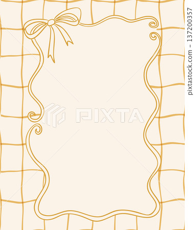 Hand drawn decorative frame vector with bow and ornamental border on beige checkered background. Concept of vintage card, invitation template, cottagecore aesthetic and elegant design 137200357