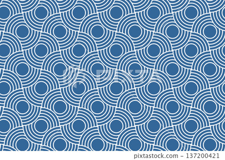 Japanese, Korean or Chinese seamless pattern with blue overlapped circles. Sea or ocean waves, dragon or fish scale texture in oriental style. Abstract Asian ornament. Vector flat illustration 137200421