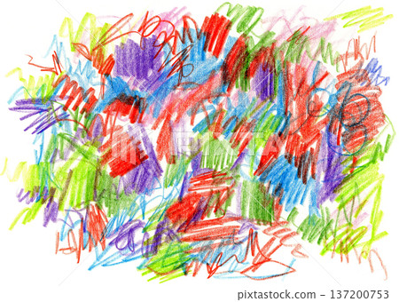 Colorful abstract crayon scribbles made by a child, chaotic hand drawn texture 137200753