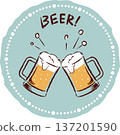 Retro hand-drawn beer toast illustration, round frame, mug 137201590