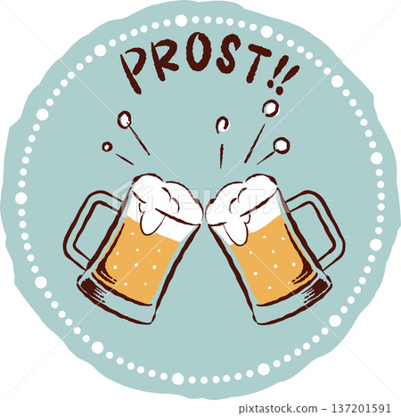 Retro hand-drawn beer toast illustration, round frame, mug Retro hand-drawn beer toast illustration, round frame, mug 137201591