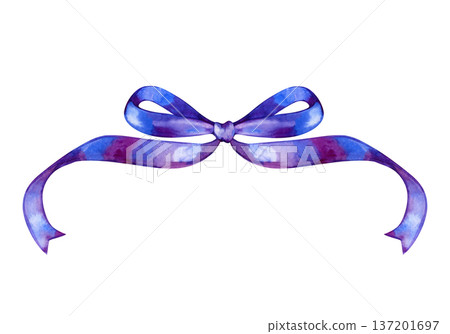 Elegant watercolor illustration of a delicate purple silk bow with long flowing ribbons. This hand-painted festive element is perfect for romantic wedding invitations, gift greeting cards, and luxury Elegant watercolor illustration of a delicate purple silk bow with long flowing ribbons. This hand-painted festive element is perfect for romantic wedding invitations, gift greeting cards, and luxury 137201697