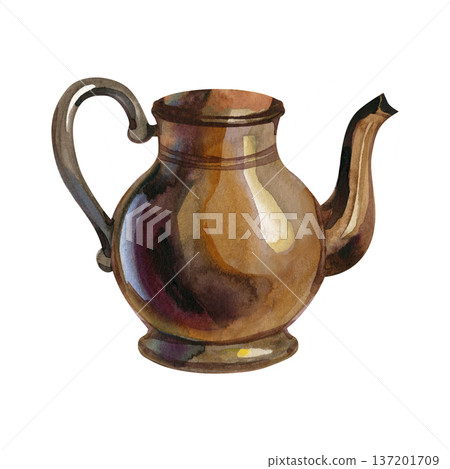 Hand-drawn watercolor illustration of a vintage copper teapot or metal pitcher. Featuring warm bronze and brown tones with realistic reflections, this element is perfect for rustic kitchen decor and 137201709