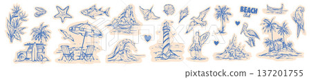 Summer vacation doodle sticker set hand drawn tropical island sketch illustration exotic travel icon Summer vacation doodle sticker set hand drawn tropical island sketch illustration exotic travel icon 137201755