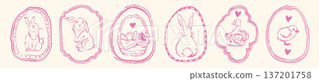 Cute doodle frame set, Easter spring holiday border, whimsical childish bunny line illustration.  137201758