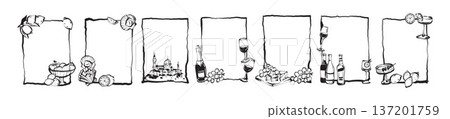 Italian doodle frame set hand drawn summer Amalfi border, wine glass bottle line ink illustration.  137201759