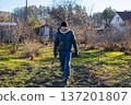Caucasian man farm worker or gardener walks with shovel through garden. Farmer concept for organic gardening and agriculture in spring or autumn. 137201807