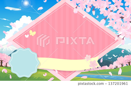 Cherry blossoms, spring scenery and airplane diamond frame 2_horizontal Cherry blossoms, spring scenery and airplane diamond frame 2_horizontal 137201961