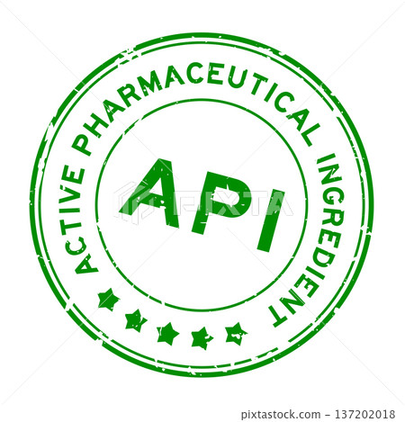 Grunge green API Active Pharmaceutical Ingredient word round rubber seal stamp on white background 137202018