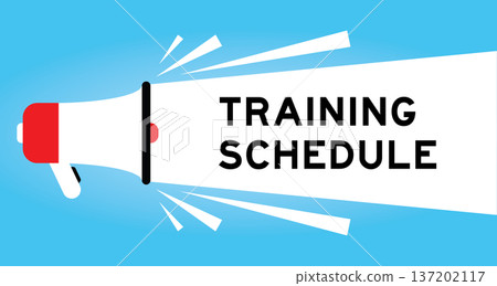 Color megaphone icon with word training schedule in white banner on blue background Color megaphone icon with word training schedule in white banner on blue background 137202117