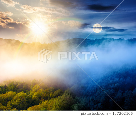 mountain landscape with cold fog. day and night time change concept. low clouds over the forested hill with sun and moon. outdoor scenery in spring for remote highland ecotourism. wonderful greenery mountain landscape with cold fog. day and night time change concept. low clouds over the forested hill with sun and moon. outdoor scenery in spring for remote highland ecotourism. wonderful greenery 137202166