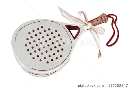 Paddle tennis racket with a ribbon bow watercolor illustration. Clip art of sports equipment. Ideal for brochures, banners, and booklets for squash or badminton. Paddle tennis racket with a ribbon bow watercolor illustration. Clip art of sports equipment. Ideal for brochures, banners, and booklets for squash or badminton. 137202247