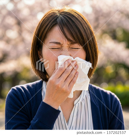 Young woman with hay fever sneezing in the park 137202537