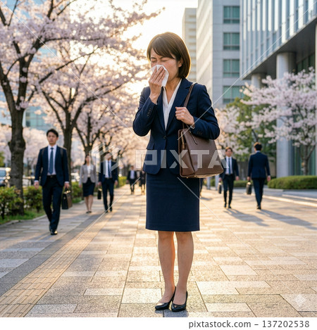 A young woman in a business suit sneezing due to hay fever while commuting to work 137202538