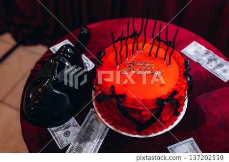 Tasty sponge cake with fresh berries and mint on light gray table, closeup 137202559