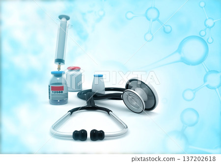 Stethoscope with medicines on science background 137202618