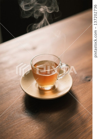 木桌上热气腾腾的玻璃茶杯 137202736