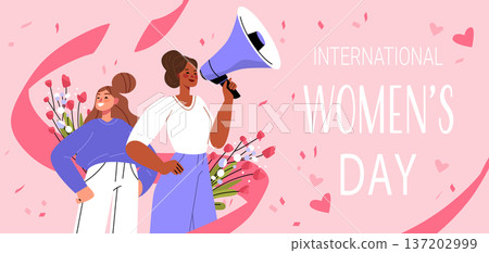 8 March womens day celebration strong diverse women megaphone flowers pink abstract background hearts confetti banner 8 March womens day celebration strong diverse women megaphone flowers pink abstract background hearts confetti banner 137202999