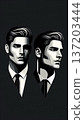 Stylized Black and White Business Portraits of Two Men in Formal Suits Facing Different Directions 137203444