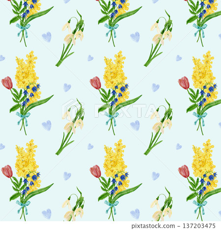 Seamless pattern with bouquets of tulips, mimosas, and bluebells. The watercolor illustration is hand-drawn. Seamless pattern with bouquets of tulips, mimosas, and bluebells. The watercolor illustration is hand-drawn. 137203475
