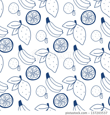 Seamless pattern with blue silhouettes of citrus fruits 137203537