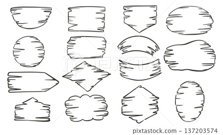 Set of wooden signs in doodle sketch style 137203574