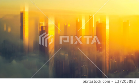 Abstract golden city skyline with skyscrapers rising above the clouds at sunrise. Ethereal urban landscape with warm sunlight, fog, and light reflections. This is AI-generated item 137203898