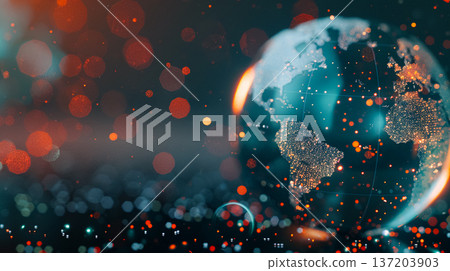 Digital Earth globe with glowing data points and grid on a futuristic background with red bokeh lights. Global communication, technology, and big data concept. This is AI-generated item 137203903