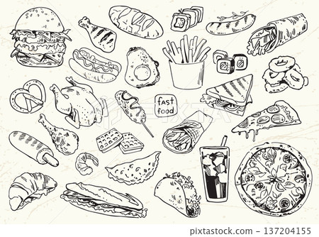 Hand-drawn fast food doodle collection. Vintage sketch style illustration set for menu design 137204155