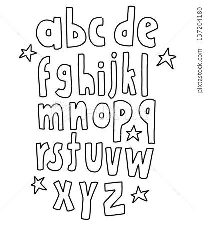 Hand drawn vector outlines of a to z lower case alphabet letters for font, typography, text, message, words, campaign badge, initials, name, sticker, logo design, tattoo, colouring book, art, sketch	 137204180