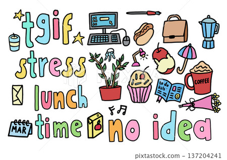 Hand drawn office vector illustrations of computer, keyboard, mouse, bag, lamp, ink pen, calendar, envelope, coffee maker, umbrella, journal, coffee cup, cupcake, apple, hotdog, plants in flowerpot Hand drawn office vector illustrations of computer, keyboard, mouse, bag, lamp, ink pen, calendar, envelope, coffee maker, umbrella, journal, coffee cup, cupcake, apple, hotdog, plants in flowerpot 137204241