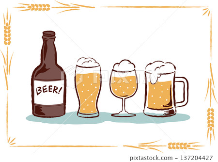 復古手繪啤酒插畫，描繪了一瓶啤酒、一個啤酒杯和一個邊框。 137204427