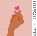 Hand showing a love gesture and a pink heart on a pink background. Vector illustration 137204523