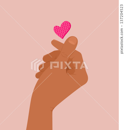 Hand showing a love gesture and a pink heart on a pink background. Vector illustration 137204523