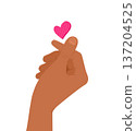 Hand showing a love gesture and a pink heart on a white background. Vector illustration 137204525