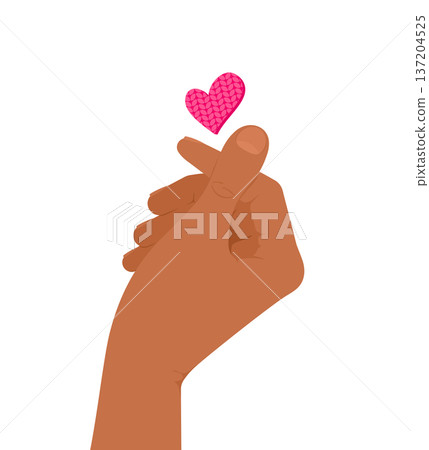 Hand showing a love gesture and a pink heart on a white background. Vector illustration 137204525