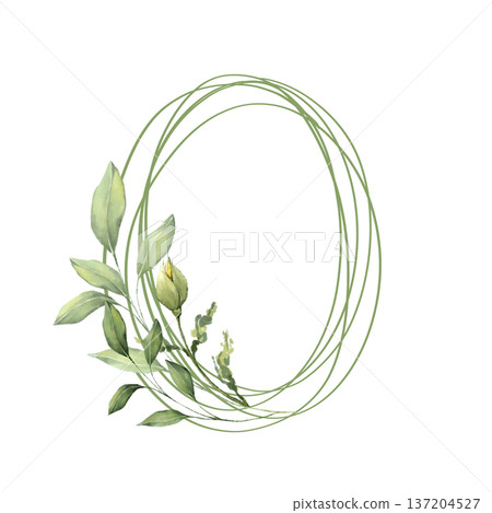 Elegant oval frame made of delicate green lines decorated with a leaf branch in watercolor style Elegant oval frame made of delicate green lines decorated with a leaf branch in watercolor style 137204527
