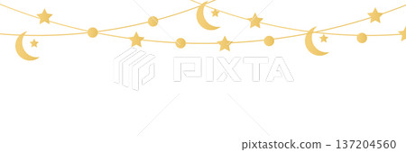 Ramadan Kareem hanging garland. Arabic traditional eastern lanterns line baubles. Muslim ornament. Eid Mubarak banner. Holiday Night. Golden crescent, star. Islam decoration. Vector illustration Ramadan Kareem hanging garland. Arabic traditional eastern lanterns line baubles. Muslim ornament. Eid Mubarak banner. Holiday Night. Golden crescent, star. Islam decoration. Vector illustration 137204560